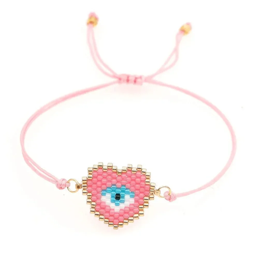 Miyuki Delica Pink Heart Shaped Evil Eye Seed Bead Bracelet